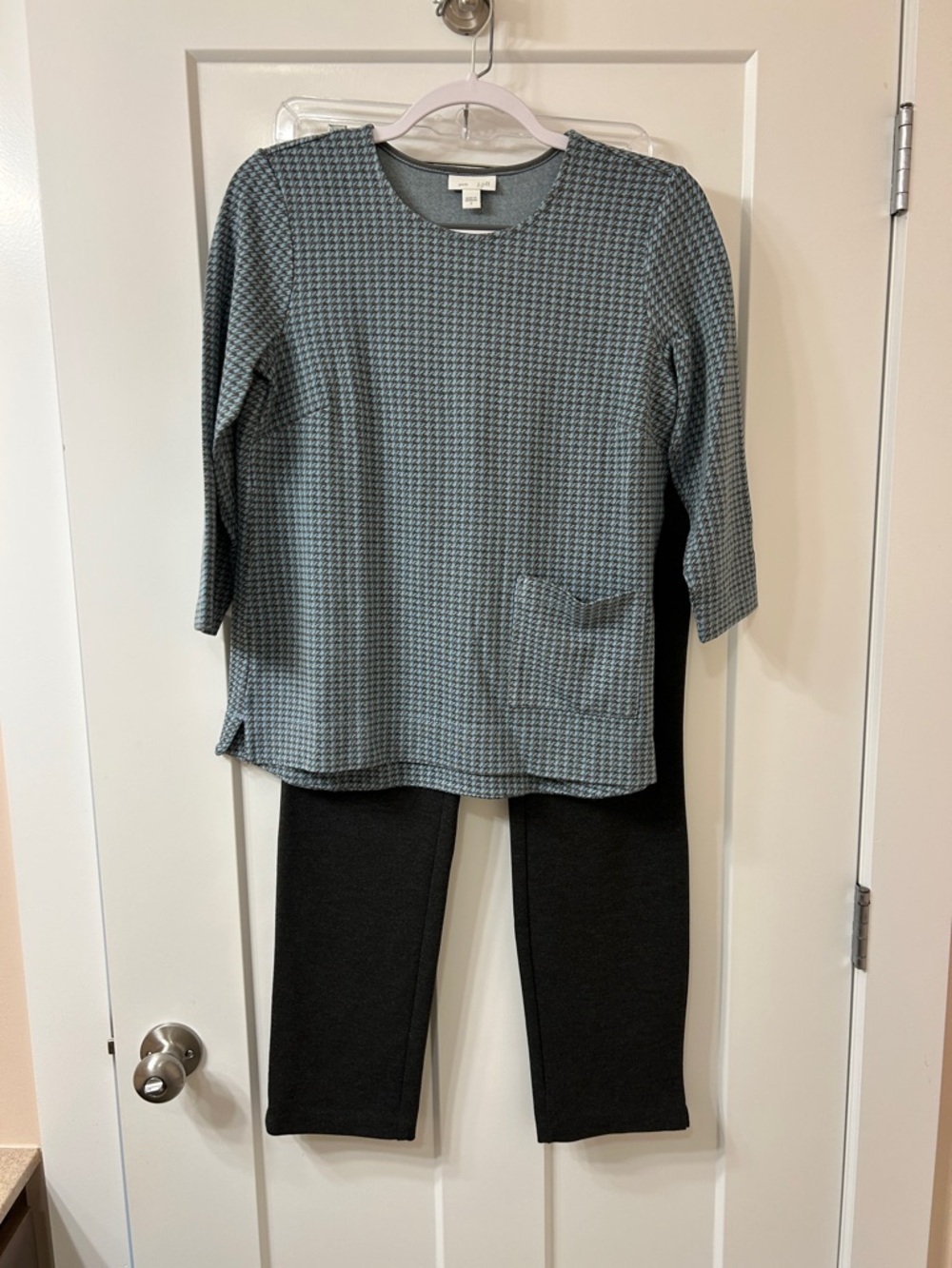 J. Jill Blue Houndstooth Ponte Knit Top and Charter Club Cambridge Slim pants.